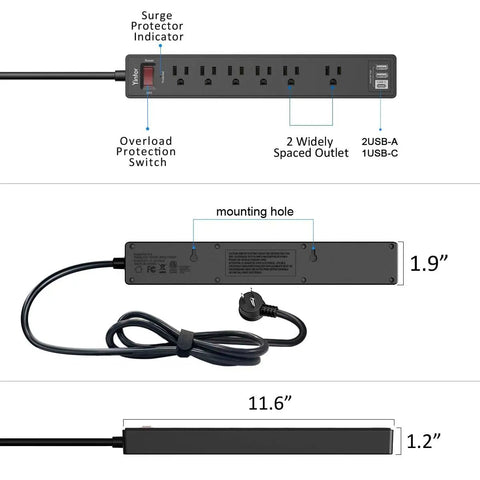 Six Outlet Power Strip With Three USB Ports, 6 Ft Cord, 1680J Surge Protector, Widely Spaced Outlets, USB A And USB C Fast Charge, Overload Shield, Great For Desk, Home Office, And Entertainment Setup, side view with 6 ft cord
