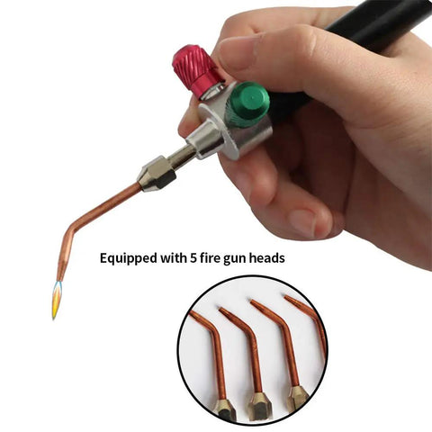 Mini Oxygen Torch Kit With Five Precision Nozzles And Steady Flame Control showing hand-held unit with interchangeable tips for welding.