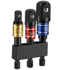 Heavy Duty 3 Piece Impact Socket Adapter Set With One Quarter Inch Hex Shank Chrome Vanadium Steel Drill Extension Includes One Quarter Inch Three Eighth Inch And One Half Inch Drive Adapters With Storage Holder Workhorse