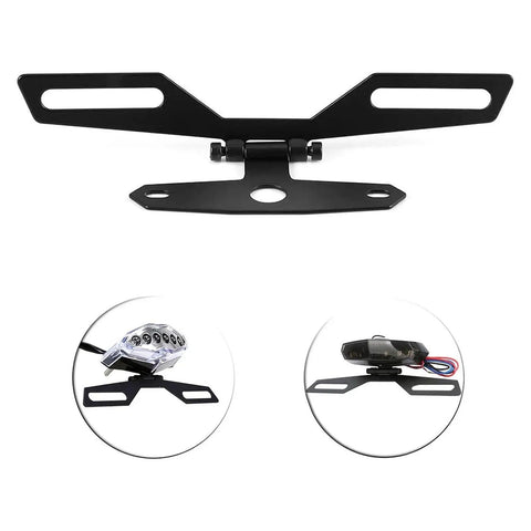 Ride Ready Foldable Aluminum Plate Holder For Motorcycle With Rear Light Bracket Universal Mount Easy Install Direct Replacement For Damaged Plate Sleek Low Profile Plate Mounting Accessory shown