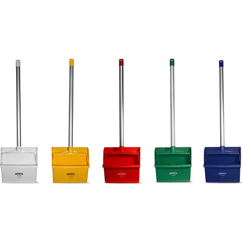 Solid As A Rock Green Upright Dustpan Pack Of 6 With 30 Inch Aluminum Handle And Serrated Comb Edge Stands Tall For Spotless Floors No More Breaking Your Back The Ultimate Commercial Sweep And Save Solution color variety of dustpans in white, yellow, red, green, and blue