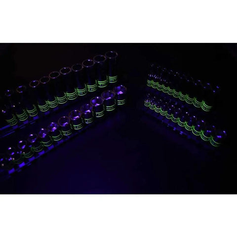Hi-Vis Glowing 43-Piece Deep And Shallow All In One Socket Set With One Quarter Inch And Three Eighths Inch Drives illuminated under UV light
