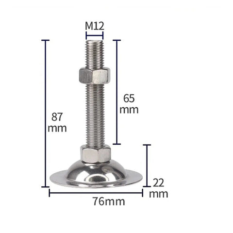 Heavy Duty Stainless Steel Furniture Levelers M12 Adjustable Cabinet Feet with dimensions 87mm height and 76mm base for stability.