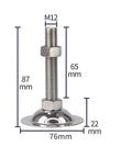 Heavy Duty Stainless Steel Furniture Levelers 8 Pack Adjustable M12 Thread Feet dimensioned with 76mm base and 87mm height.