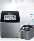 Fast Acting Countertop Ice Maker With Clear Viewing Window And Touch Control Self Wash Cracks Out Fifty Pounds Daily Tailored For Busy Kitchens And Casual Hangouts Quiet Hustle Design, showing ice cubes inside.