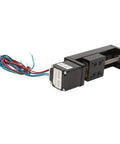 Rock Solid Mini Linear Rail Slide Actuator Featuring 50mm Stroke Premium Alloy Stepper Motion Stage Paired With Single Lead Screw Rod side view with wires.