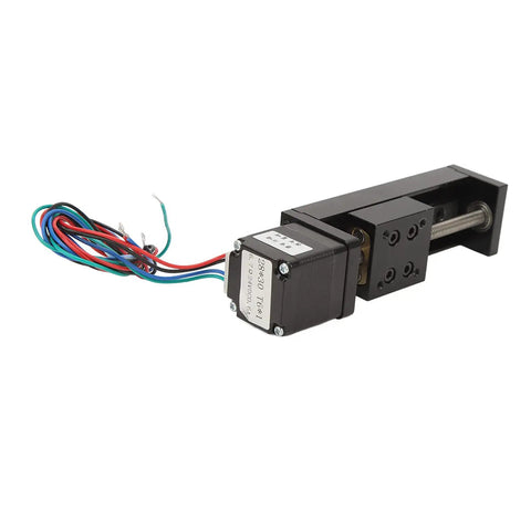 Rock Solid Mini Linear Rail Slide Actuator Featuring 50mm Stroke Premium Alloy Stepper Motion Stage Paired With Single Lead Screw Rod side view with wires.