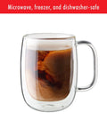 Four Piece Double Wall Insulated Glass Coffee Mug Set Keeps Hot Brews Steaming And Icy Drinks Frosty With Zero Sweat Marks Premium Borosilicate Glass Is Dishwasher Safe For Your Daily Grind Routine, showing coffee in a double wall mug.