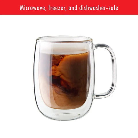 Four Piece Double Wall Insulated Glass Coffee Mug Set Keeps Hot Brews Steaming And Icy Drinks Frosty With Zero Sweat Marks Premium Borosilicate Glass Is Dishwasher Safe For Your Daily Grind Routine, showing coffee in a double wall mug.