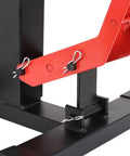 Close-up of black and red metal components of a Hydraulic Motorcycle Lift Stand With Adjustable Deck Height 9.92 To 18.11 Inches, 150 Kg Capacity, Dirt Bike Jack Hoist For Easy Maintenance, 11 Inch Top Plate, No Sweat Lifts With Smooth Hydraulic Action.
