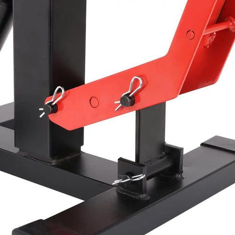 Close-up of black and red metal components of a Hydraulic Motorcycle Lift Stand With Adjustable Deck Height 9.92 To 18.11 Inches, 150 Kg Capacity, Dirt Bike Jack Hoist For Easy Maintenance, 11 Inch Top Plate, No Sweat Lifts With Smooth Hydraulic Action.