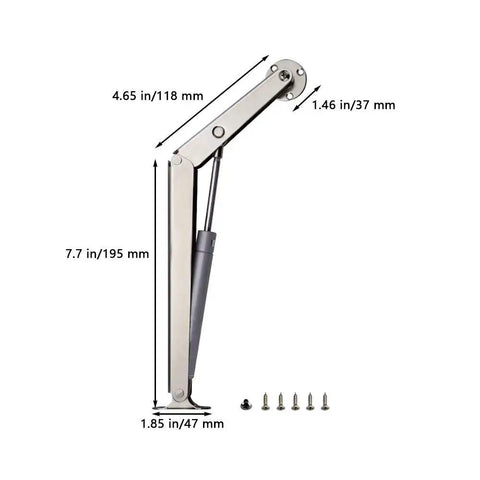 Soft Close Lid Support System With 250N Gas Struts, Heavy Duty Hinges, side view dimensions, screws included