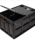 Big Time Heavy Duty Collapsible Storage Bin With 16 Gallon Capacity, folds flat, black plastic with lid, ideal for storage.