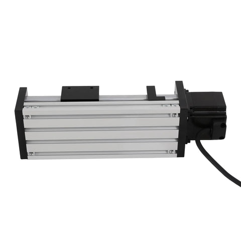 Front view of 100mm ball-screw linear actuator with aluminum rail and NEMA 23 stepper motor.