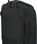 Front view of Osprey Sojourn Shuttle wheeled duffel bag, black, 30-inch/100L with retractable handle.