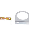 Two metal oil pressure gauge mounting brackets: chrome circular ring with base and zinc-plated clip with holes.