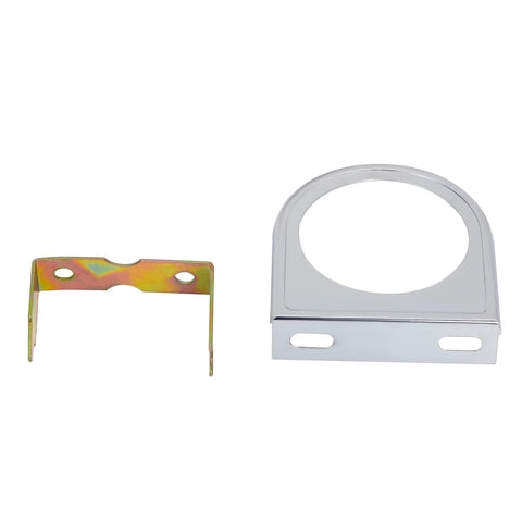 Two metal oil pressure gauge mounting brackets: chrome circular ring with base and zinc-plated clip with holes.