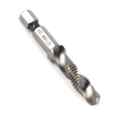 HSS M8×1.25 drill-tap bit with hex shank, for metal; close-up view