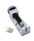 DIY Watch Band Link Pin Remover Kit with 3 extra punch pins, silver finish tool showing close-up of scratch-free tips for sizing adjustments.