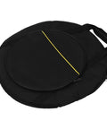Chuck Your Gear Inside This Heavy Duty Portable Cymbal Bag With Side Pocket And Thick Cotton Padding To Keep Everything Locked Down On The Road And Around Town While Featuring An Unbeatable Oxford Build And A Roomy Front Pocket For Drumsticks And Keys, black with yellow stripe, round shape.