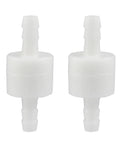 Two white PVDF 1/4-inch inline check valves with barbed ends, front view
