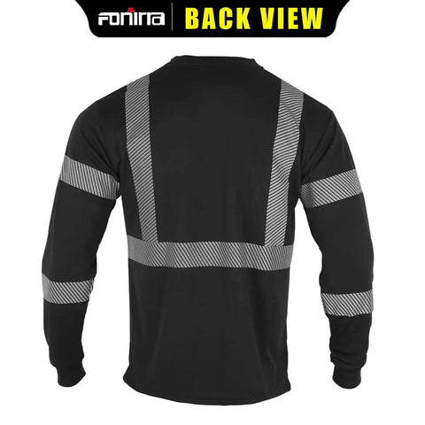 Back view of black ANSI Class 3 high visibility long sleeve work shirt with reflective tape for road work, 3-pack