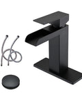 Matte Black Waterfall Single Handle Bathroom Faucet With Pop Up Drain Single Hole Vanity Tap 304 Stainless Steel Supply Line