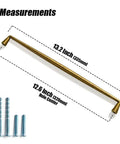 Brushed Brass Cabinet Handles, 12.6 Inches, 320mm Hole Center, Zinc Alloy Pulls For Kitchen And Bedroom, Affordable Luxury Hardware, 6 Pack, Durable, Corrosion Resistant, Easy Install With Screws showing measurements and included screws.