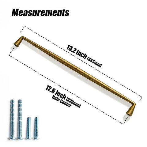 Brushed Brass Cabinet Handles, 12.6 Inches, 320mm Hole Center, Zinc Alloy Pulls For Kitchen And Bedroom, Affordable Luxury Hardware, 6 Pack, Durable, Corrosion Resistant, Easy Install With Screws showing measurements and included screws.
