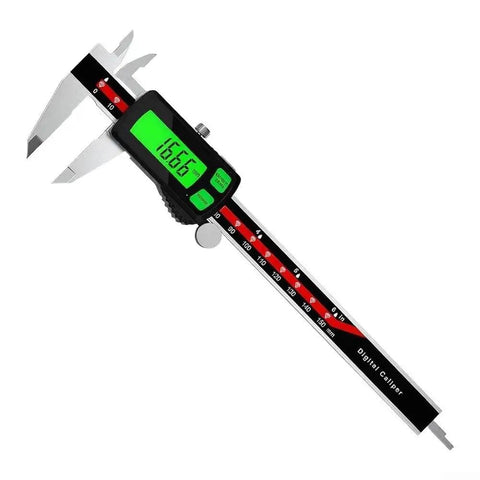Stainless Steel Digital Caliper 6 Inch Rechargeable Type-C Large Green Backlight Screen for DIY Woodwork(0-150mm) showing measurement details.