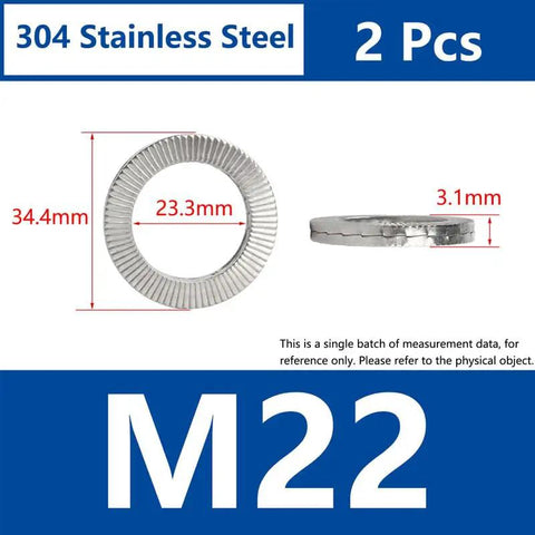 Rock Solid Wedge Lock Washers M20 Size 304 Stainless Steel Self Securing Anti Loosening Hardware Heavy Duty image showing dimensions and profile.