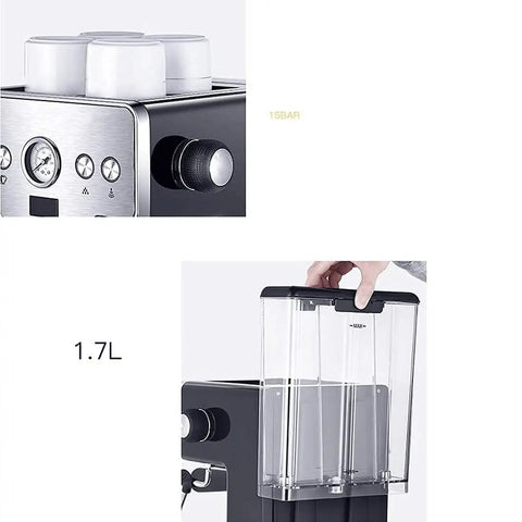 1.7L Semi Automatic Espresso Coffee Maker For Home And Office showing front control panel and removable water reservoir
