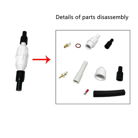 Badass High Voltage Protective Connector Heads With Rock Solid Metal Terminals And Heat Shrink Sheathing For Easy Plug And Play CO2 Laser Rig Upgrade Kit disassembly parts shown.