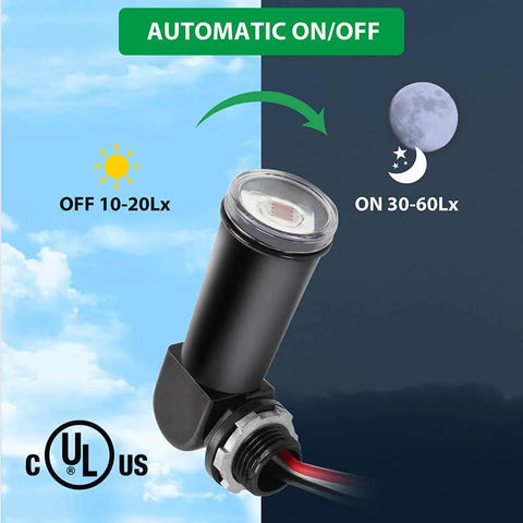 Outdoor Dusk To Dawn Photoelectric Sensor With Swivel Mount showing automatic on/off against day and night background