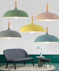 Modern Nordic Style Hanging Lamp Fixture Featuring Solid Wood Accents And Durable Iron Base Super Sleek Green Metal Shade in living room.