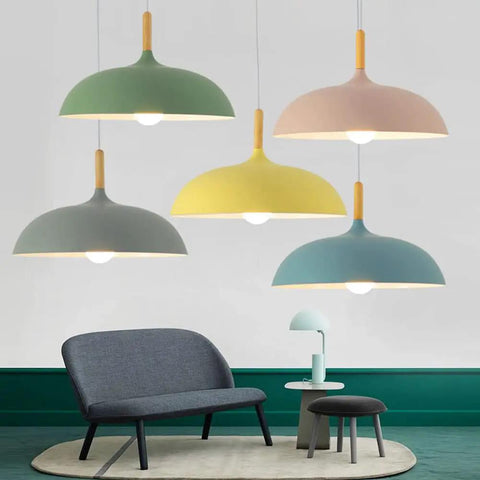 Modern Nordic Style Hanging Lamp Fixture Featuring Solid Wood Accents And Durable Iron Base Super Sleek Green Metal Shade in living room.