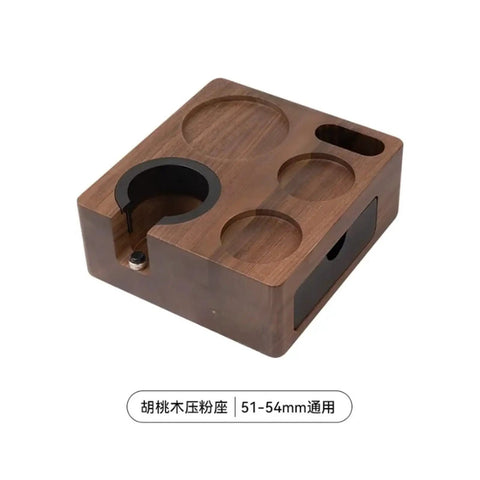 Premium Walnut Espresso Tamper Station With Integrated Powder Scaler And Crumb BinUniversal Portafilter Rest, 51-54mm, wood design.