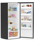Hella Roomy 21 Cu Ft Upright Refrigerator Freezer Combo with open door showcasing organized shelves and fresh produce inside.