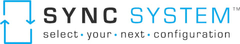 Logo of SYNC SYSTEM with arrows and the text 'select your next configuration' in blue and black lettering.