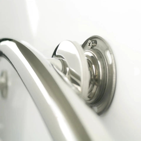 Close-up of 30 Inch Crescent Curved Shower Grab Bar Built Tough In Polished 304 Stainless Steel One Piece Welded Cap 250 Pound Weight Capacity Includes Mounting Screws For Easy Install