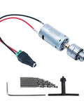 Mini DC 12V Hand Drill Kit With JT0 Chuck shown with 10 piece twist drill bit set and power connector, ideal for PCB jewelry wood plastic.