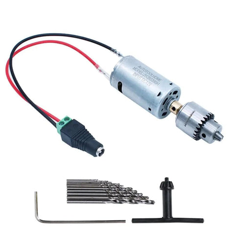 Mini DC 12V Hand Drill Kit With JT0 Chuck shown with 10 piece twist drill bit set and power connector, ideal for PCB jewelry wood plastic.