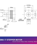 NEMA 17 stepper motor blueprint drawing; front and side views showing shaft and mounting-hole pattern.