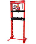 12 Ton Hydraulic Shop Press With Gauge Bottle Jack For Bending Straightening And Pressing Metal Components Bearings U Joints Bushings And Pulleys Adjustable Ram With Overload Valve Red standing on floor