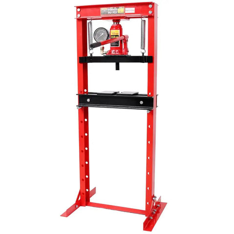 12 Ton Hydraulic Shop Press With Gauge Bottle Jack For Bending Straightening And Pressing Metal Components Bearings U Joints Bushings And Pulleys Adjustable Ram With Overload Valve Red standing on floor