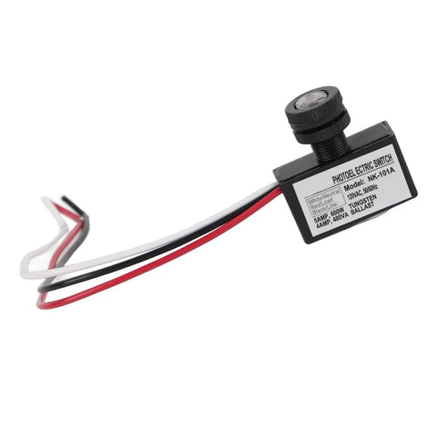 120V Dusk To Dawn Sensor Photoelectric Switch Automatic Black for outdoor lighting, shown with wiring and label details.