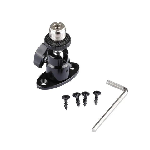 Five Eighth Inch To Twenty Seven Thread Mini Ball Head For Microphone Mount with screws and wrench on white background