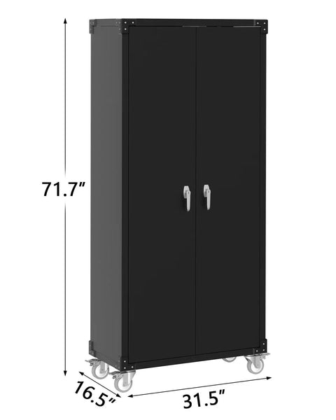 Beefy On Wheels Garage Storage Cabinet With Pegboard Doors And Back Panel Locking Metal Cabinet With Two Doors, 72 Inch Tall