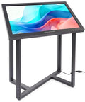 Rock Solid 43 Inch Touchscreen Digital Kiosk Running Android 11 angled view showing matte black aluminum chassis and vivid screen.