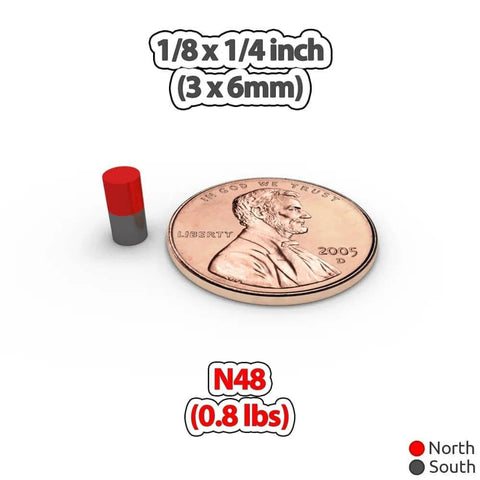 Go To Tiny Cylinder Rod Magnets 3x6mm Neodymium Rare Earth Magnets next to penny showing size comparison, north-south poles indicated